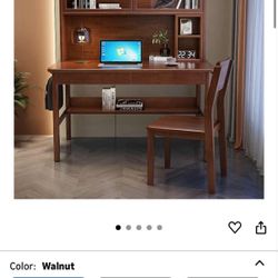 Home Computer Desk with Drawers ＆ Desktop Hutch, Modern Student Study Table/Workstatio with Bookshelf