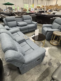 Premium Blue Recliner Living Room 3Pcs Set (7/22) Juego de 3 piezas para sala de estar reclinable azul