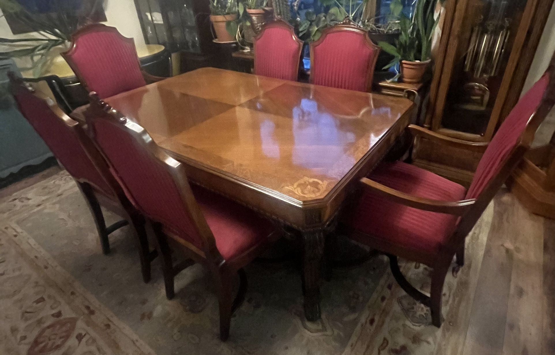 Antique Burl Walnut Beautiful Inlay Extensions Dining Table w/6 Matching Chairs (64"-123")