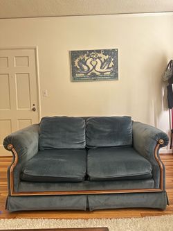 2 blue velvet couches