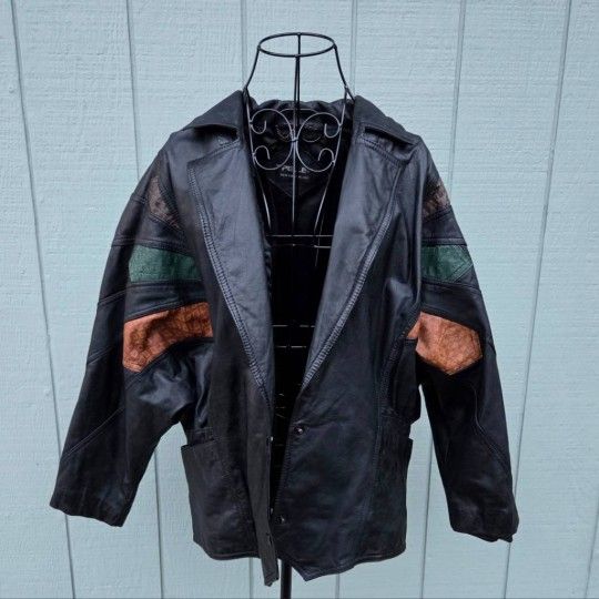 80s-90s Pelle Mens Vintage Premium Leather Jacket w/ Colorful Accents. Large
