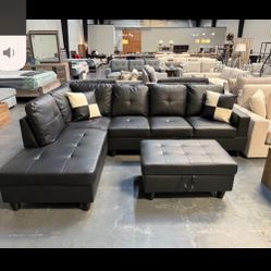 Black Vinyl Sectional With FREE OTTOMAN