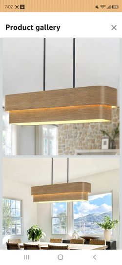NZZDYI 37.5 Inch Farmhouse Kitchen Island Lighting 4-Light Rectangle Dining Room Light Fixture Large Linear Chandelier with Wood Grain Finish for Dini