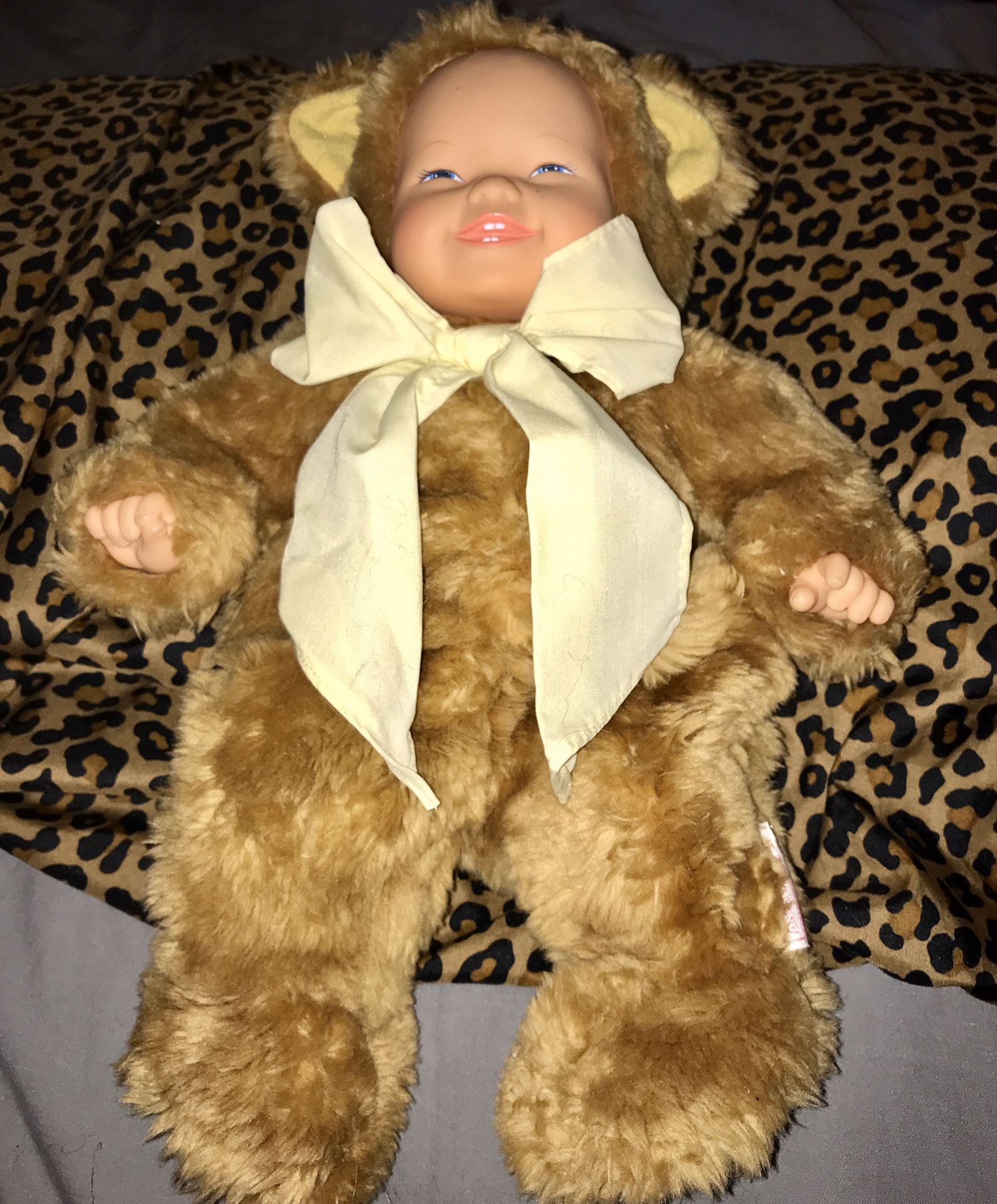 ANNE GEDDES PLUSH BABY BEAR DOLL WITH YELLOW BOW, REMOVABLE BEAR SUIT