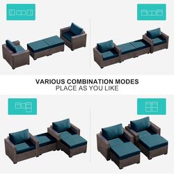 Outdoor Wicker Patio Chair with Ottoman for Porch Balcony Deck Backyard, Red Brown Rattan Sofa Chair Waterproof Removable 2 PCS Peacock Blue