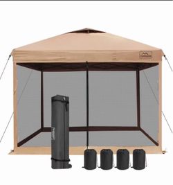 10x10 Pop-Up Canopy Tent, Waterproof Portable Shade with Screen Walls, Adjustable Instant Outdoor Shelter for Camping, Backyard, and Events, Khaki
