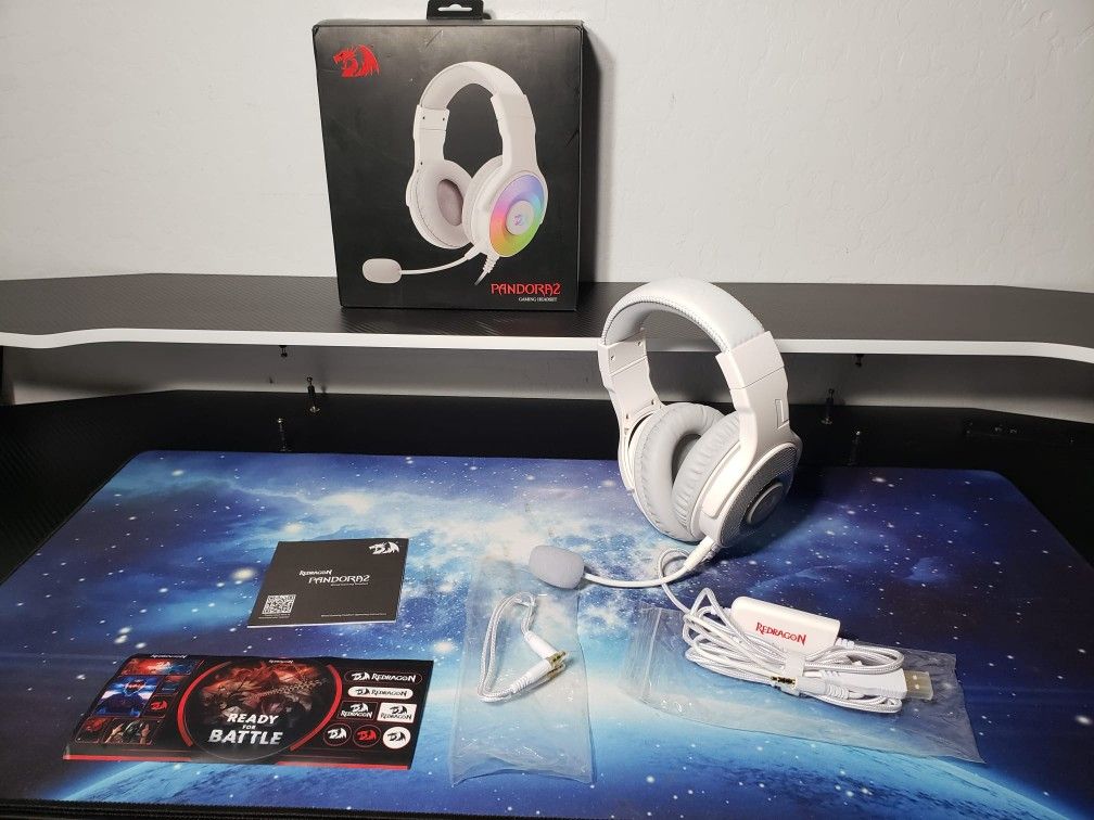 New Redragon H350 White Wired Gaming Headset, Dynamic RGB Backlight - Stereo Surround-Sound - 50MM Drivers - Detachable Microphone, Over-Ear Headphone