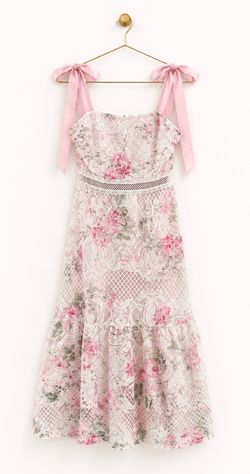Pink Floral Lace Tie-Strap Midi Dress - NEW
