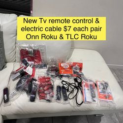 New Tv remote control & electric cable $7 each pair Onn Roku & TLC Roku