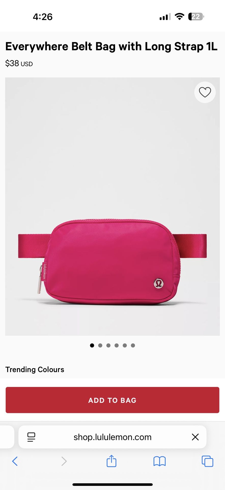 Lululemon Fannypack/Everyday Bag color “Pink Dragonfruit”