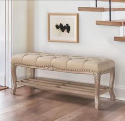 45.3 in. Julio Wheat Linen Entryway Bedroom Storage Bench with Button-Tufted Cushion and Distressed Wood Legs