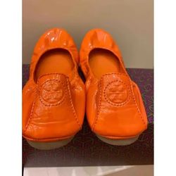 Tory Burch Designer Eddie Patent Leather Bright Orange Ballet Flats 6.5