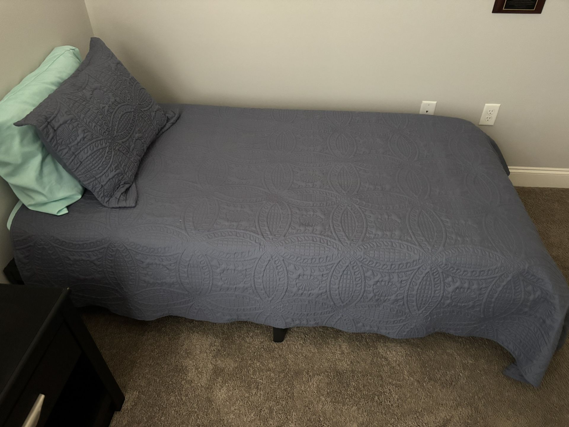 Twin Bedframe + Mattress + Sheets +Pillows