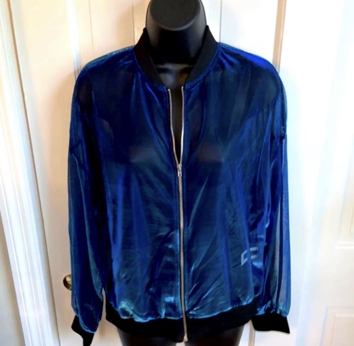 Stylish Blue Shimmer Mesh bomber jacket.