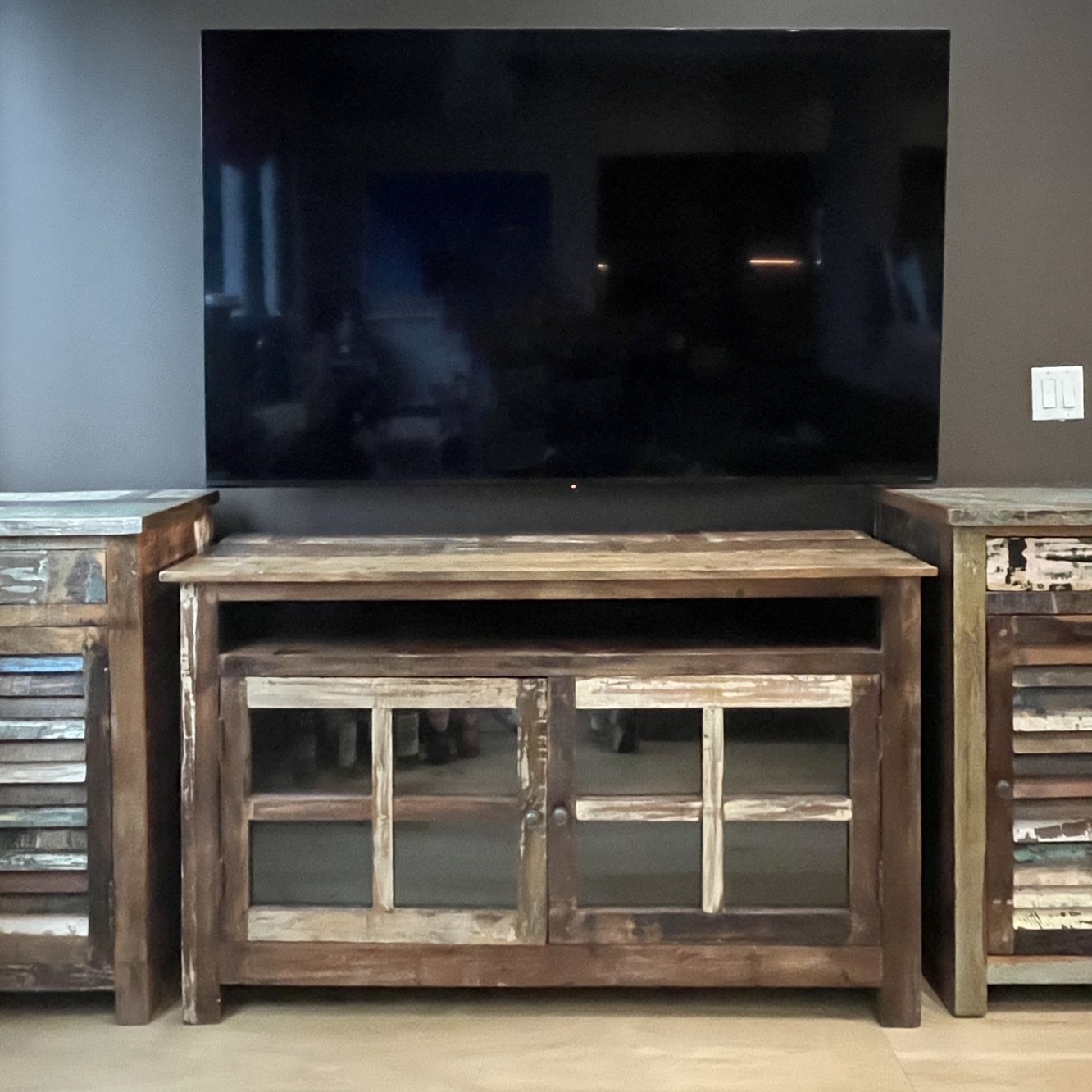 Reclaimed Wood Console Cabinet with two Matching Shutter Cabinets