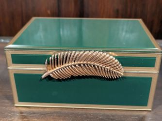 Green Glass with Faux Gold Feather and trim Jewelry box with black lining