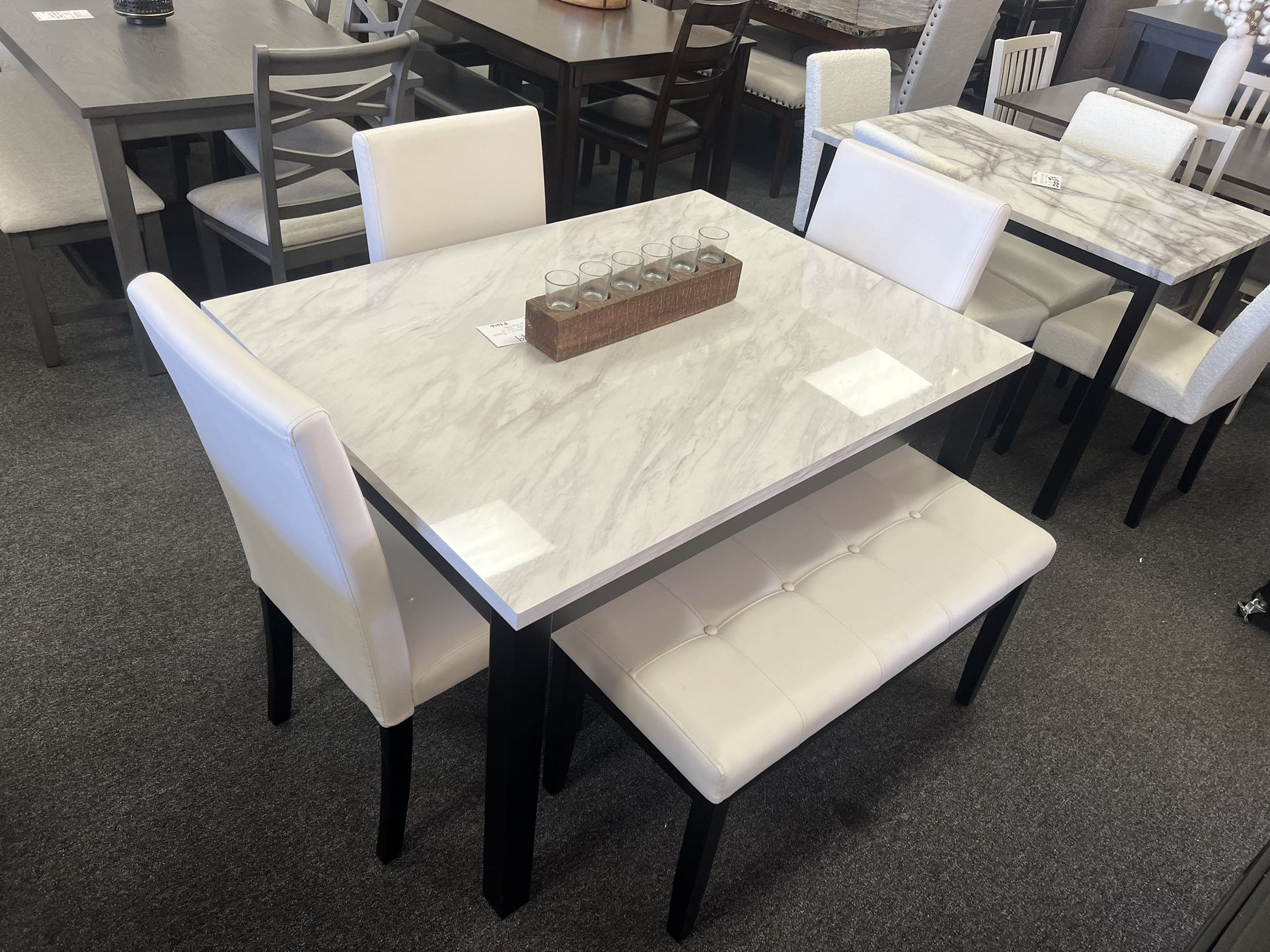 Dining Room Table With White Marble Table Top With Leather Chairs