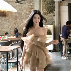 “Misty Apricot Tulle” seaside vacation dress – women’s summer tiered cake dress, princess-style dress, perfect for birthdays