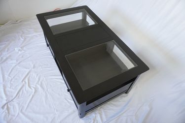 Modern Black Coffee Table – Beveled Glass Top, 2 Drawers, Freshly Refinished