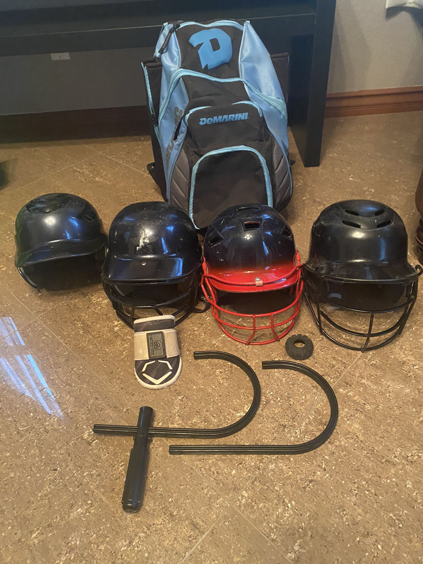 4 Softball/ Baseball Helmets, Evo Shield & Demarini Backpack