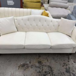 79" Velvet Chesterfield Sofa for Living Room,3 Seater Sofa Button Tufted Nailhead Trimming Curved Backrest Rolled Arms with Wood Legs with 2 Pillows,B