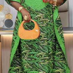 Plus Size - Plus Size - Women Plus Size Vintage Print Batwing Half Sleeve V Neck Asymmetrical Hem Loose Thin Wedding Evening Party Casual Maxi Dress