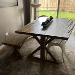Dining Room Table with Bench and 2 Metal Chairs