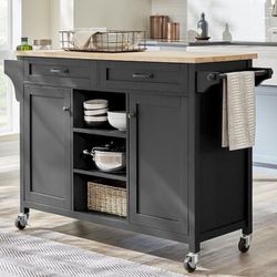 Black Rolling Kitchen Cart with Butcher Block Top and Double-Drawer Storage (56" W)