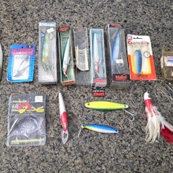 vintage saltwater Fishing Lake Tady, Rapala Magnum Tuna feather Lures and much more 