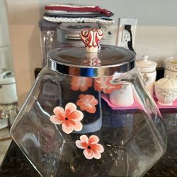 Beautiful! Vintage Antique Glass Container/ Cookie Jar With Painted Flowers 🌺 