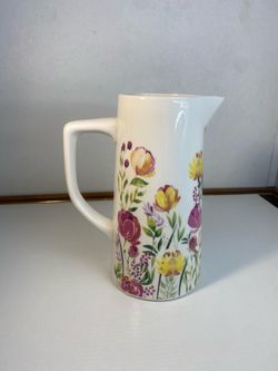Floral Ceramic Pitcher with Pink and Yellow Blooms