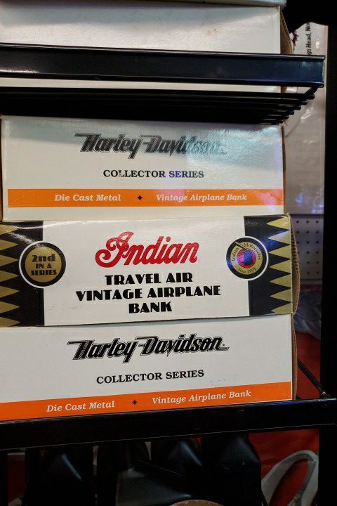 Harley Davidson and Indian Die Cast Vintage Airplane Banks All 3