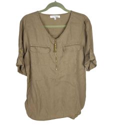 Ellen Tracy Women's Linen Top Roll-Tab Sleeve 1/4-Zip Flax Size M