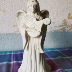 Retired PARTYLITE 10" Bisque LYRICAL ANGEL w/Harp Taper Candle Holder P0461