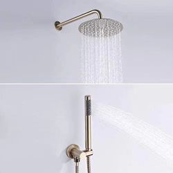 MO #062406 Brushed Gold 10" Round Rainfall Shower Head Wall Mounted Rain Shower System With Handheld Shower Solid Brass#J021117-US
