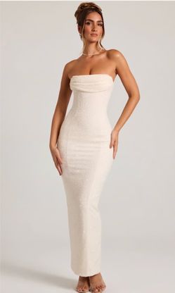 Oh Polly Embellished Bandeau Cowl Neck Maxi Dress in Ivory
