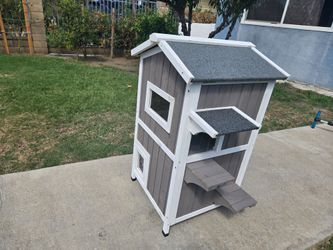 2-Story Weatherproof Wooden Cat House with Open Roof-PET04-GREYWHTIE