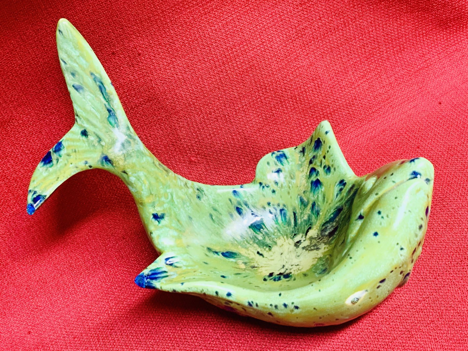 Green Glazed Ceramic Fish Soap Dish Fisherman Enthusiast 9”x 5 1/2”x 7 1/2”tall