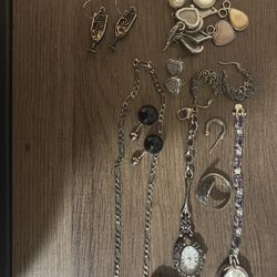 .925 Sterling Silver Jewelry Lot – 13 Earrings (5 Pearl), 2 Rings, 2 Vintage Watches, Necklace