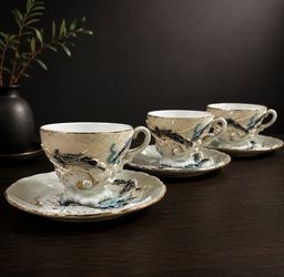 Vintage Japanese Moriage Dragonware Tea Cups & Saucers Set 3D Relief Japan 6 Pc