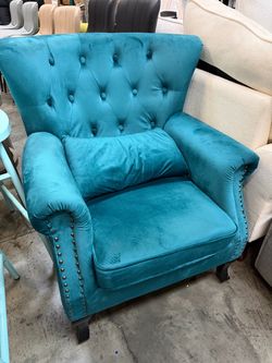 Mid Century Accent Chair Modern Button Tufted Armchair Wingback Club Chair Velvet Single Sofa Lounge Chair with Pillow for Living Room Bedroom, Teal B