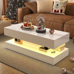 Lent Glitter Wood - LED Coffee Table with 2 Storage Drawers, Modern High Gloss Black Coffee Table w/20 Colors LED Lights & APP Control, Rect - White M