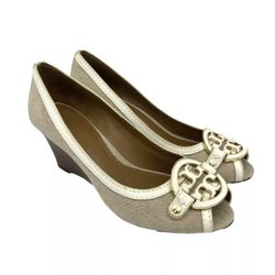 Tory Burch Natural/Bleach Amanda 11128601 Open Toe Wedges Size US 7M