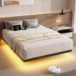 Queen Size Floating Bed Frame with USB Charging Station and Smart LED Lights, Heavy Duty Metal Platform Bed with Underbed Storage Space, Easy to Assem