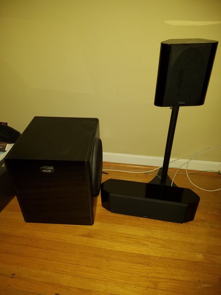 Polk speakers and subwoofer.