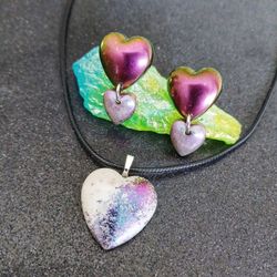 Metallic rainbow color shift heart necklace and gangle earrings set new handmade resin 
