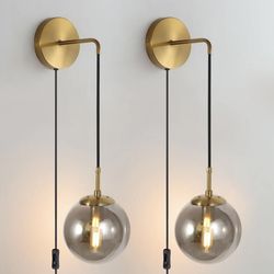 New Wall Sconces Set of 2 Brass & Smoky Grey Globe Glass Indoor Lights Plug in Sconces With Switch