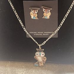 Vintage Rare Zuni Sterling Owl Pendant And 18” Chain w/Earrings