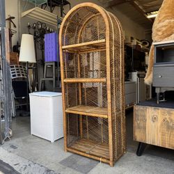 Vintage Asian Boho Chic Wicker Rattan Arched Peacock Etagere Display Book Shelf