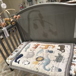 Grey Baby Crib And Night Stand Together 